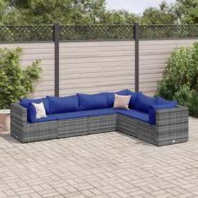 6 pcs conjunto lounge de jardim c/ almofadões vime PE cinzento