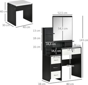 Conjunto de toucador com banco estofado, espelho grande + várias prateleiras abertas + 4 gavetas, branco e preto