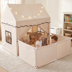 Tenda de Brincar Infantil 2 em 1 com Parque, 162,5 x 139 x 140 cm, Tapete Amovível, Bege