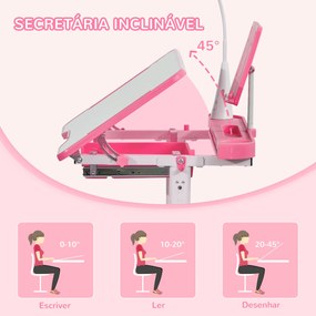 HOMCOM Conjunto de Secretária e Cadeira para Crianças acima de 3 Anos Secretária Infantil com Altura Ajustável Mesa Inclinável Gaveta Lâmpada LED e Suporte para Lápis 80x49,5x80-105cm e 36x34x60-73cm Rosa