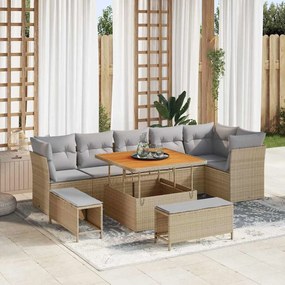 Conjunto de Sofá de Jardim vidaXL 9 Peças com Almofadas Bege Rattan Poliéster Acácia