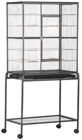 PawHut Gaiola para Pássaros com Rodas 81x48x162,5 cm com Bandeja 4 Poleiros 4 Comedouros e Prateleira Preto e Cinza | Aosom Portugal