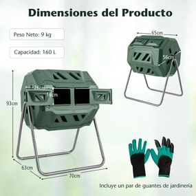 Tambor de Compostagem 160 L de Câmara Dupla com 2 Portas Deslizantes para Resíduos de Jardim Verde