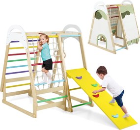 Parque infantil de madeira 6 em 1 com escorrega, barras, argolas, rede, escada e tenda para crianças a partir de 1 ano – Multicolorido