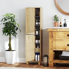 Móvel de coluna para casa de banho, armário de casa de banho com 6 compartimentos abertos e 2 portas, madeira natural