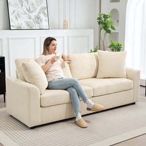 Sofá de 3 lugares com 212 cm, com 2 almofadas de molas, tecido de veludo canelado, creme