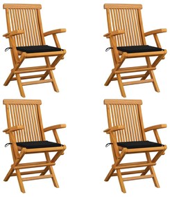 vidaXL Cadeiras de jardim c/ almofadões pretos 4 pcs teca maciça