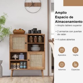 Aparador em rattan com 4 cubículos e 2 portas decoradas Armário de acento Boho em rattan para sala de jantar 80 x 29,5 x 97 cm Natural