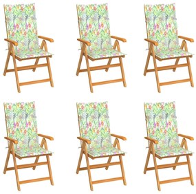 Cadeiras jardim c/ almofadões padrão folhas 6 pcs teca maciça