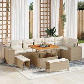 Conjunto de Sofá de Jardim vidaXL com Almofadas de 9 Peças Bege Rattan Sintético Acácia