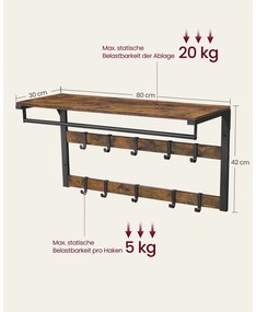 Cabide de parede com prateleira e 10 ganchos amovíveis 30 x 80 x 42 cm castanho vintage-preto