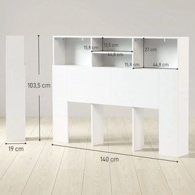 Cabeceira de Cama 140 cm com Arrumação e 4 Compartimentos Abertos para Quarto Branca