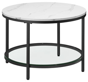 Mesa de centro de 2 níveis com tampo de vidro imitação mármore 65 x 46 cm (Ø x H) branco e Preto