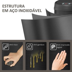 Balde de Lixo de Cozinha Automático 30 L em Aço Inoxidável Sensor Infravermelhos Fecho Automático 32x30,5x51 cm Preto