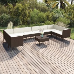 vidaXL 11 pcs conjunto lounge jardim c/ almofadões vime PE castanho