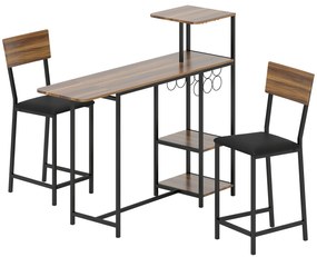 Conjunto de Mesa e Bancos de Bar Mesa Alta de Cozinha com 2 Bancos Laterais Rebatíveis Suporte para Vinhos e Prateleiras Castanho e Preto