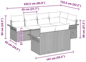 Conjunto de Sofá de Jardim de 7 Peças com Almofadas Preto Rattan PE