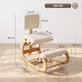 Cadeira de Joelhos Ergonómica com Encosto, Apoio para Joelhos e Bombazina Creme