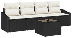 Conjunto de Sofá de Jardim de 5 Peças com Almofadas Preto Rattan Polié