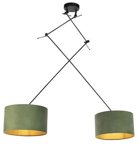 Candeeiro de suspensão preto com abajures de veludo verde e dourado 35 cm 2 luzes - Blitz Country / Rústico,Rústico