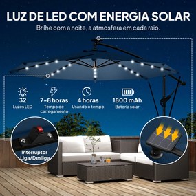 Chapéu de Sol Excêntrico com Luzes LED Solares Ø345 cm Base Cruzada Manivela Capa Protetora Azul