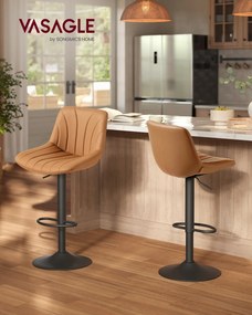 Conjunto 2 bancos bar com encosto e assento giratório 46,5 x 43 x (88-108) cm em couro sintético PU castanho caramelo