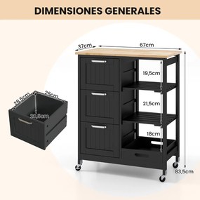 Carrinho de ilha de cozinha com tampa de madeira 3 gavetas de arrumação 2 Estantes e tabuleiro 67 x 37 x 83,5 cm Preto