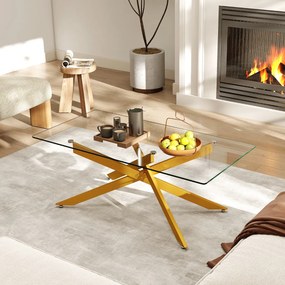 Mesa de centro 120 x 60 x 45,5 cm retangular com tampo de vidro e pernas tubulares modernas para sala de estar transparente e dourada
