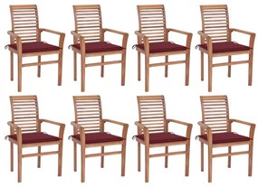 Cadeiras jantar 8 pcs c/ almofadões vermelho tinto teca maciça