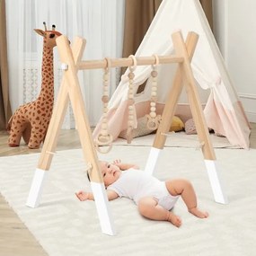 Ginásio para bebés com brinquedos para dentição Desenvolvimento cerebral dobrável em madeira para crianças +3 meses 62 x 45 x 60 cm Branco