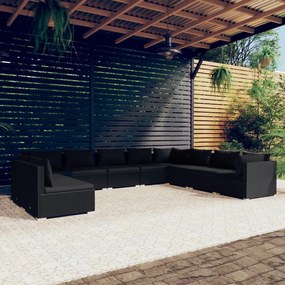 vidaXL 10 pcs conjunto lounge de jardim c/ almofadões vime PE preto