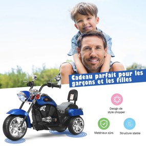 Scooter elétrica de motocicleta com 3 rodas para crianças 6V 3 km/h com efeito sonoro e luminoso 3 anos + estilo chopper preto e branco