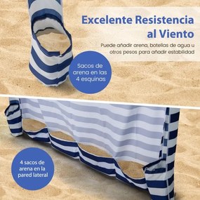 Tenda de praia portátil 183 x 183 x 215-240 cm com parede lateral amovível Saco de transporte 8 sacos de areia Proteção solar Exterior Azul + Branco