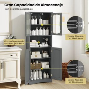 Armário alto 60 x 30 x 164 cm de armazenamento para casa de banho, despensa cozinha ou sala com portas de vidro fosco cinza