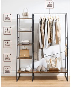 Cabide Guarda Roupa com prateleiras e ganchos 45 x 120 x 160 cm Castanho Vintage e Preto