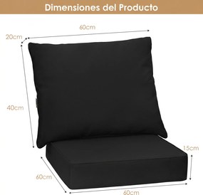 Conjunto de 2 Almofadas para Cadeira de Exterior (NÃO INCLUIDA), Assento e Encosto, 60 x 40 x 20 cm, Impermeáveis, Preto