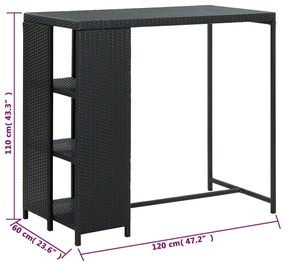 Mesa de bar com prateleiras 120x60x110 cm vime PE preto
