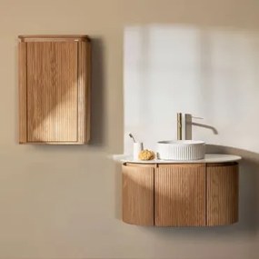 Conjunto De Móvel De Casa De Banho Suspenso 90x50 Cm Em Madeira Carsone Madeira Natural & Madeira Natural & Cerâmica Redonda Riscas - Sklum