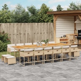 vidaXL 17 pcs conjunto de jantar p/ jardim c/ almofadões vime PE bege