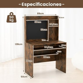 Secretária para computador 89 x 50 x 138 cm com quadro de avisos magnético com prateleira e bandeja para teclado para estúdio Castanho