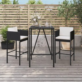 vidaXL 3 pcs conjunto de bar para jardim c/ almofadões vime PE preto