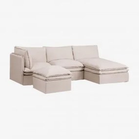 Sofá Modular Chaise Longue De 3 Peças E Puff Em Linho E Algodão Grace Tecido Beige - Sklum