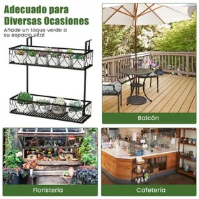 Suporte varandas metálica para plantas de 2 níveis com ganchos ajustáveis 5,5-12,5cm Carga 30kg 60 x 33 x 59 cm Preto