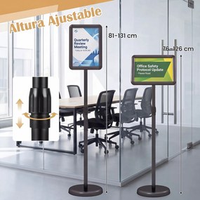 Conjunto de 2 Suportes de Chão para Cartazes A4, 21 x 30 x 81-131 cm, Altura Ajustável, Preto