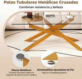 Mesa de centro 120 x 60 x 45,5 cm retangular com tampo de vidro e pernas tubulares modernas para sala de estar transparente e dourada
