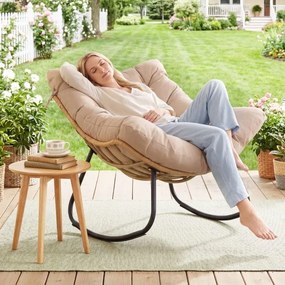Cadeira de baloiço em forma de ovo para exterior, em rattan PE com almofada removível, estrutura metálica, oscilação de 25°, travões anti-capotamento,