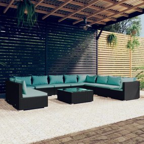 vidaXL 11 pcs conjunto lounge de jardim c/ almofadões vime PE preto