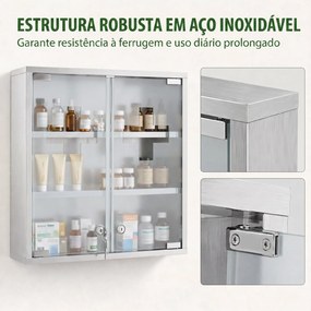 Armário de Medicamentos de Parede com Fechadura Portas de Vidro Prateleiras e 2 Chaves para Casa de Banho e Cozinha 46x12x48 cm Prateado