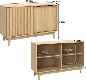 Aparador de Sala de Jantar, 119 x 40 x 80 cm, Portas de Correr Caneladas, Cor Natural
