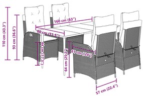 5 pcs conjunto de jantar p/ jardim c/ almofadões cinzento claro
